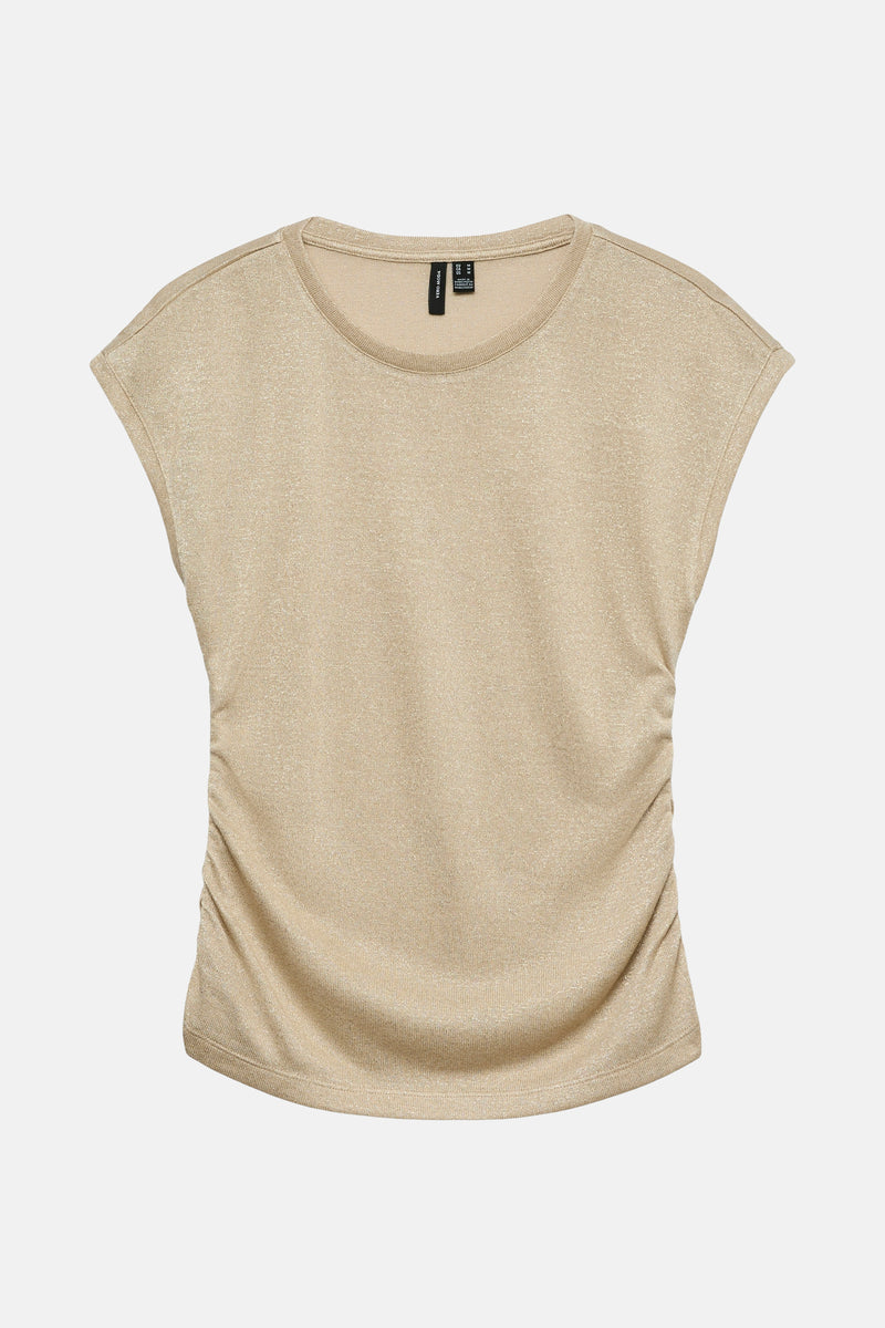 Beige T-shirt met korte mouwen van VERO MODA, met plooien aan de zijkanten.