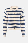 Cardigan rayé en tricot, multicolore de Vero Moda, avec boutons dorés sur fond crème.
