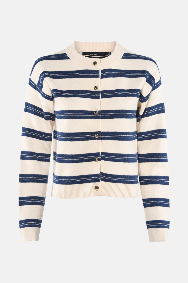 Multikleurige cardigan van VERO MODA®, met marineblauwe en witte horizontale strepen, korte pasvorm.