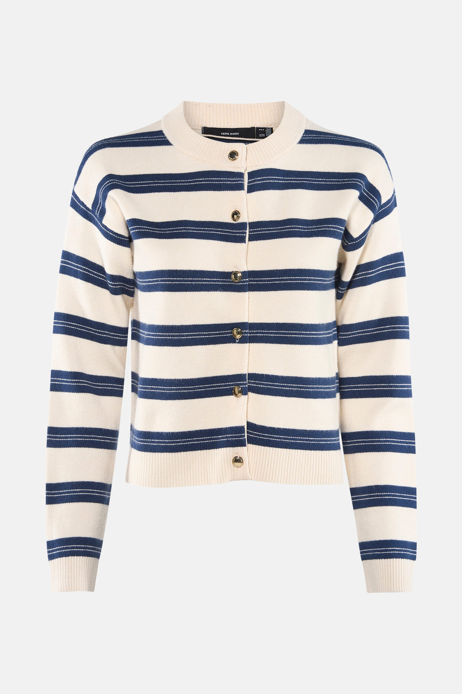 Cardigan rayé en tricot, multicolore de Vero Moda, avec boutons dorés sur fond crème.
