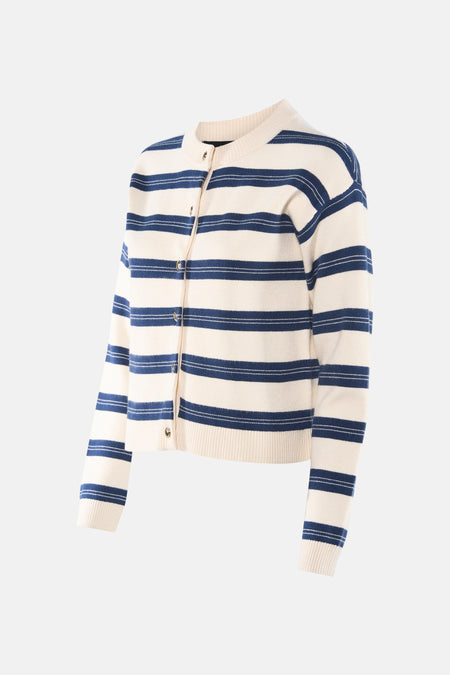 Cardigan rayé multicolore de VERO MODA®, avec des rayures horizontales bleu marine et des boutons dorés.
