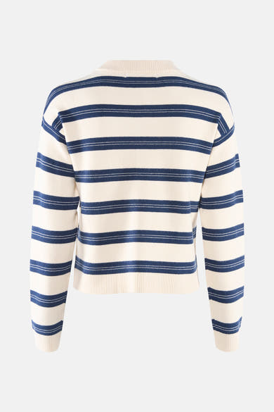 Cardigan multicolore de VERO MODA®, à rayures horizontales bleu marine et blanches, coupe courte.