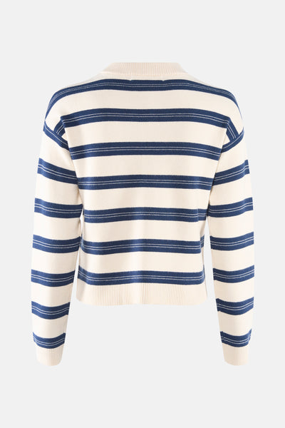 Cardigan multicolore de VERO MODA®, à rayures horizontales bleu marine et blanches, coupe courte.