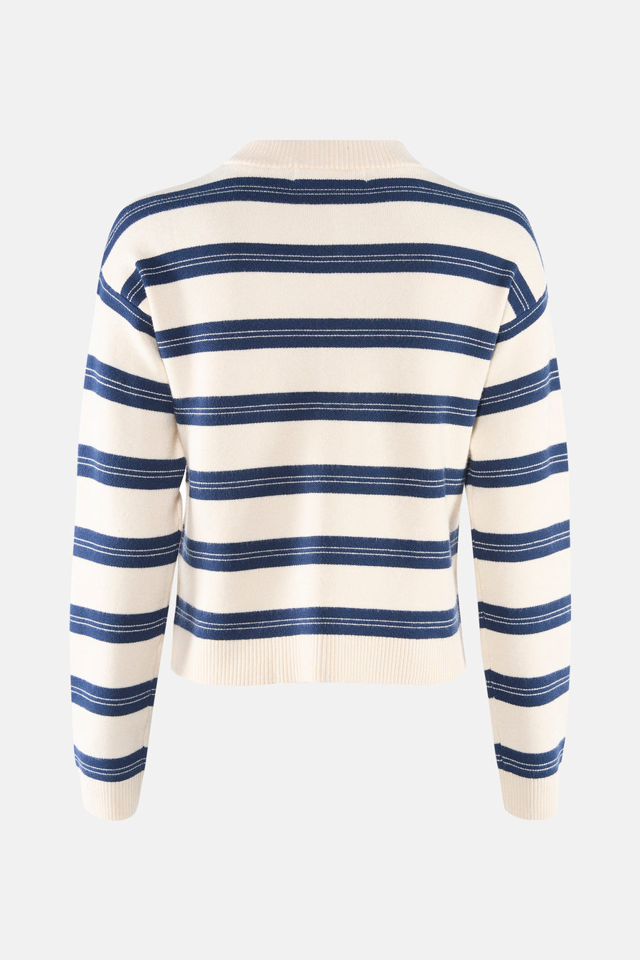 Cardigan multicolore de VERO MODA®, à rayures horizontales bleu marine et blanches, coupe courte.