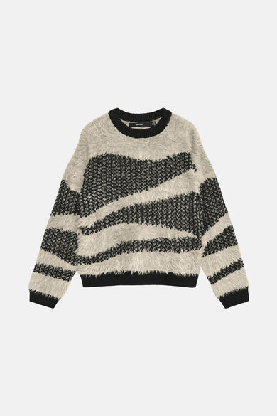 Multikleuren rondehals trui van VERO MODA met contrasterende diagonale strepen en een pluizige textuur.