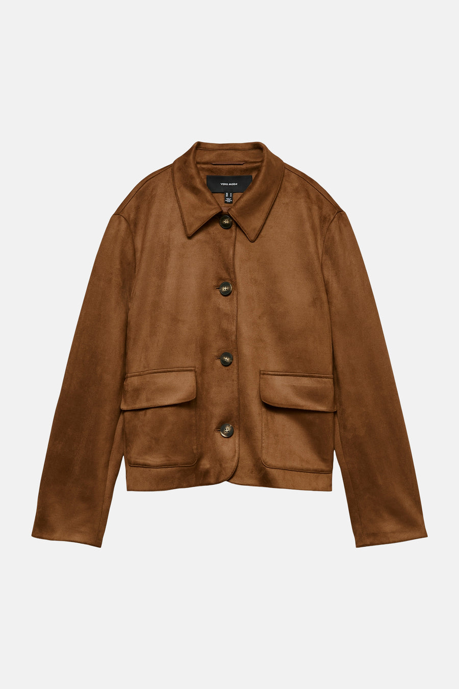 Veste courte cognac par VERO MODA avec boutons marron, poches plaquées et col tailleur.