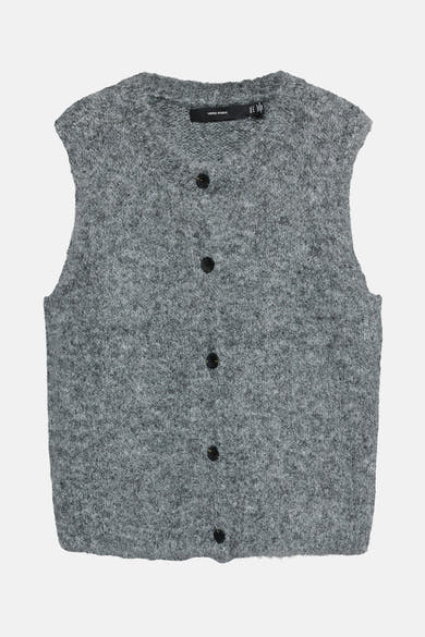 Débardeur gris en maille de VERO MODA, avec une fermeture boutonnée sur le devant et une texture tricotée.