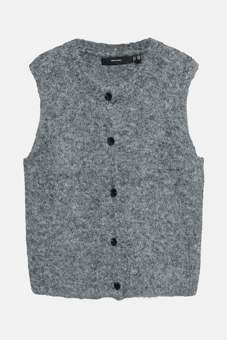 Grijze gemêleerde tanktop van VERO MODA®, gedragen met een wit overhemd met button-down kraag.