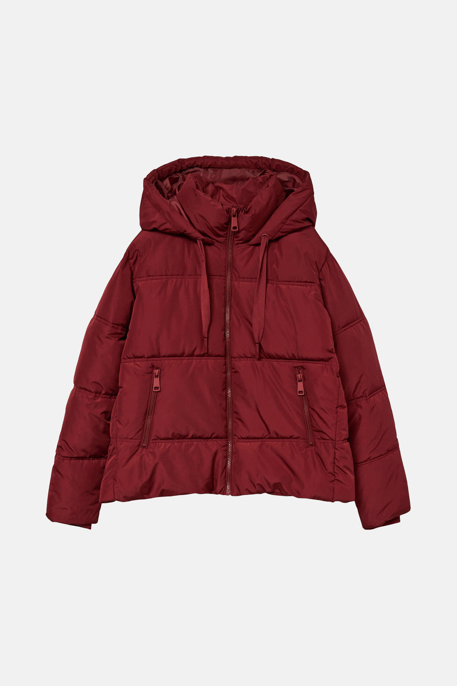 Korte bordeauxrode jas van VERO MODA, met capuchon en ritssluiting aan de voorkant.