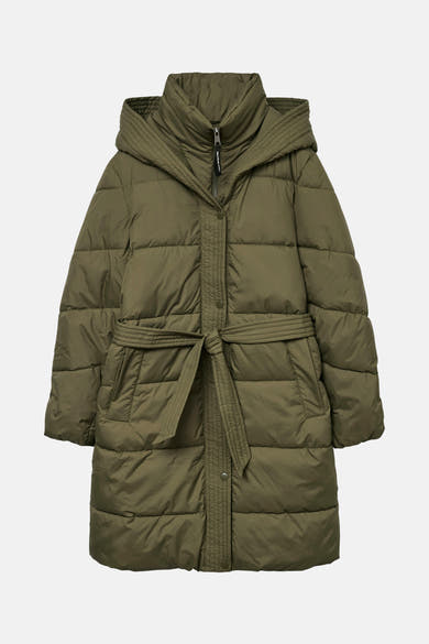 Veste longue verte de VERO MODA®, avec capuche et ceinture à nouer à la taille.