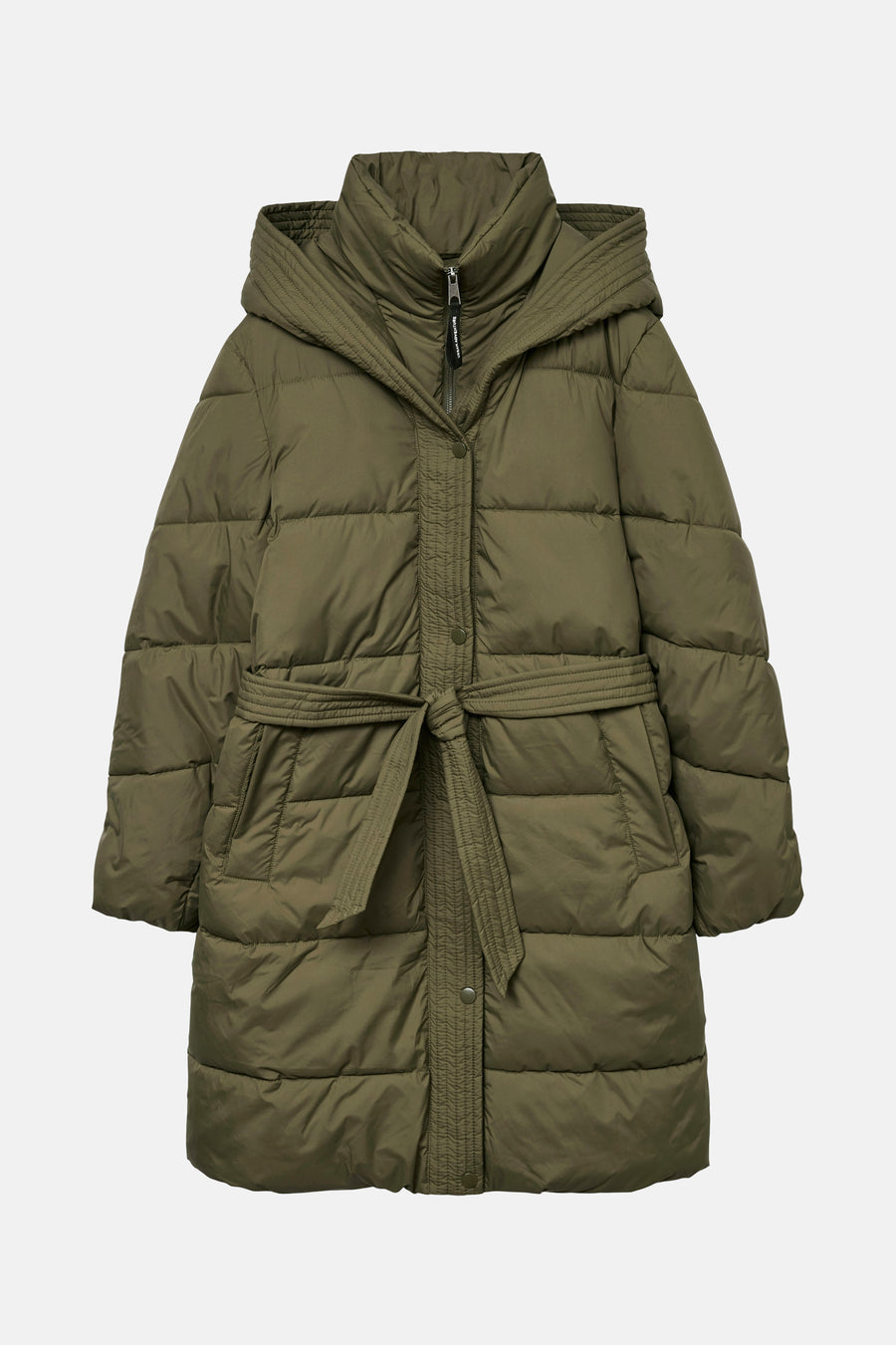 Veste longue verte de VERO MODA®, avec capuche et ceinture à nouer à la taille.