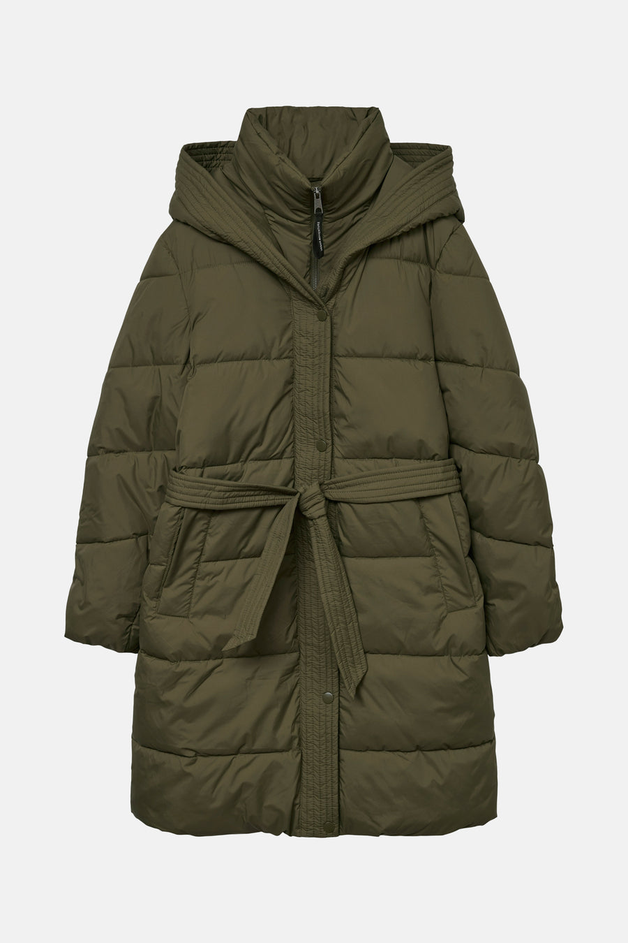 Veste longue vert olive de VERO MODA, avec capuche, ceinture nouée et fermeture à boutons-pression.