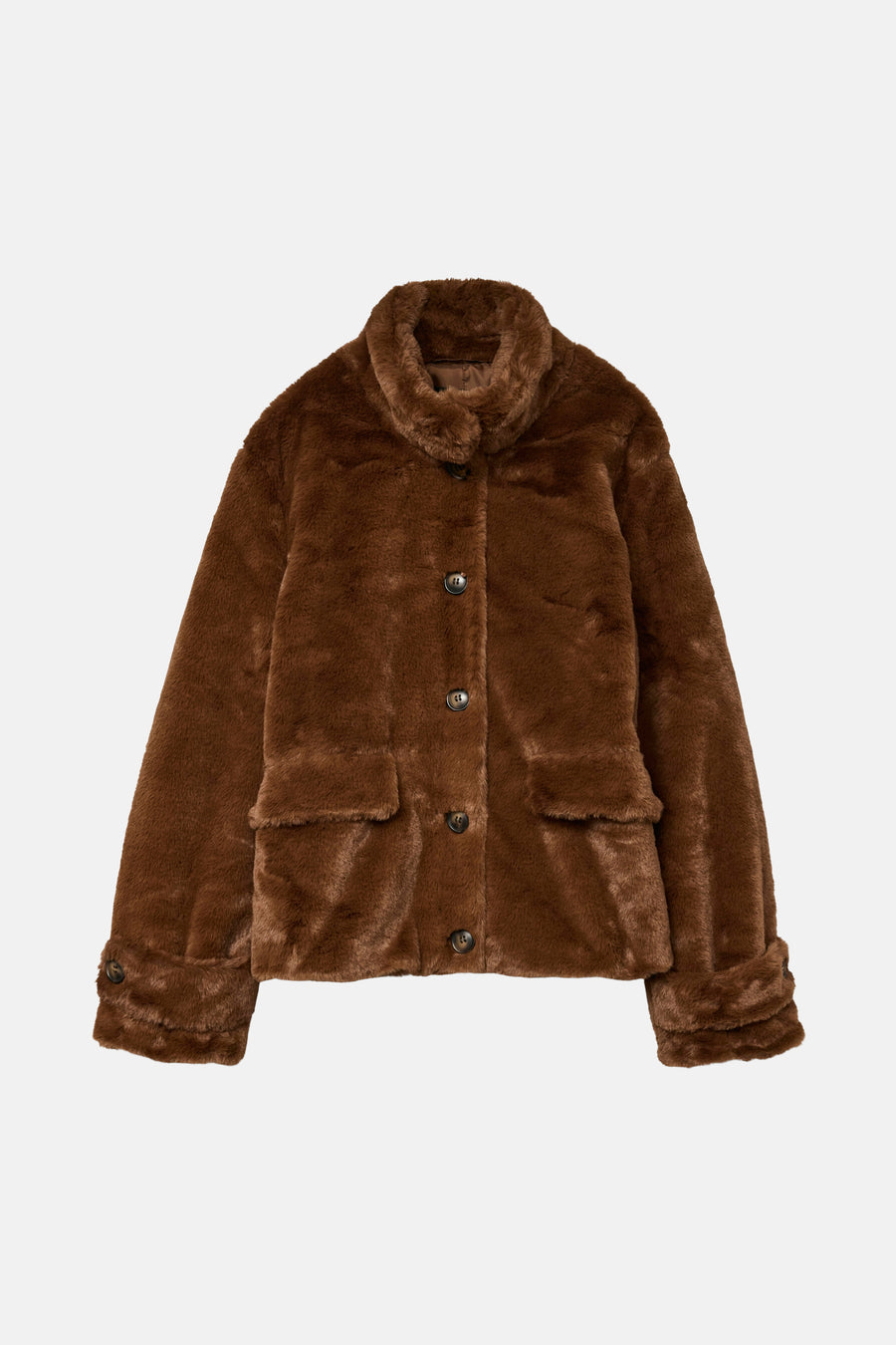 Veste courte marron en fausse fourrure de VERO MODA, avec boutons et poches plaquées.