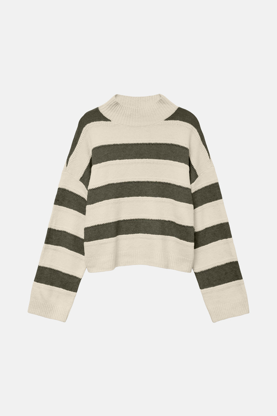 Trui met ronde hals in gestreepte tricot van VERO MODA, met brede beige en olijfgroene strepen.