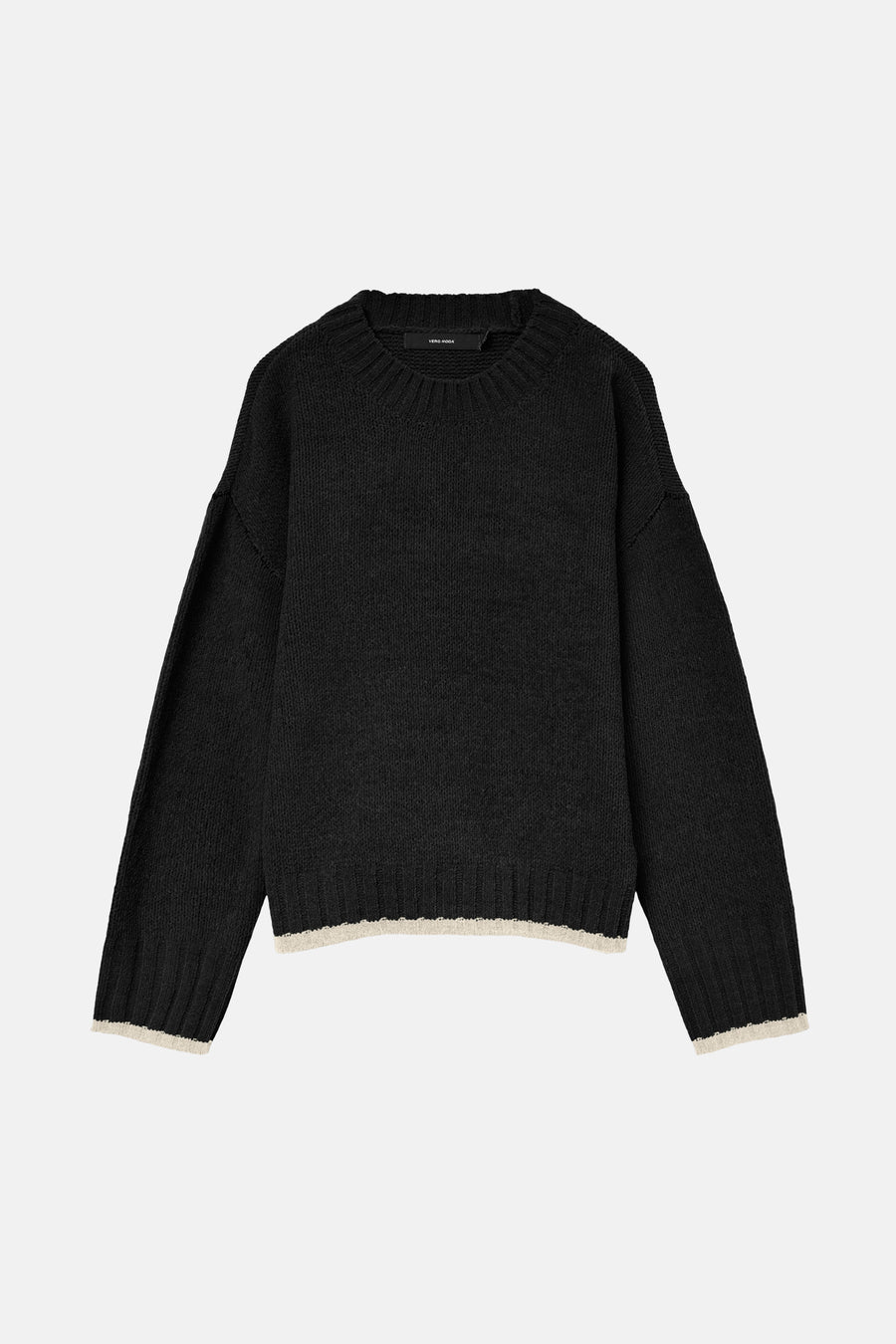 Pull à col rond noir de VERO MODA avec bordures contrastées aux poignets et à la taille.
