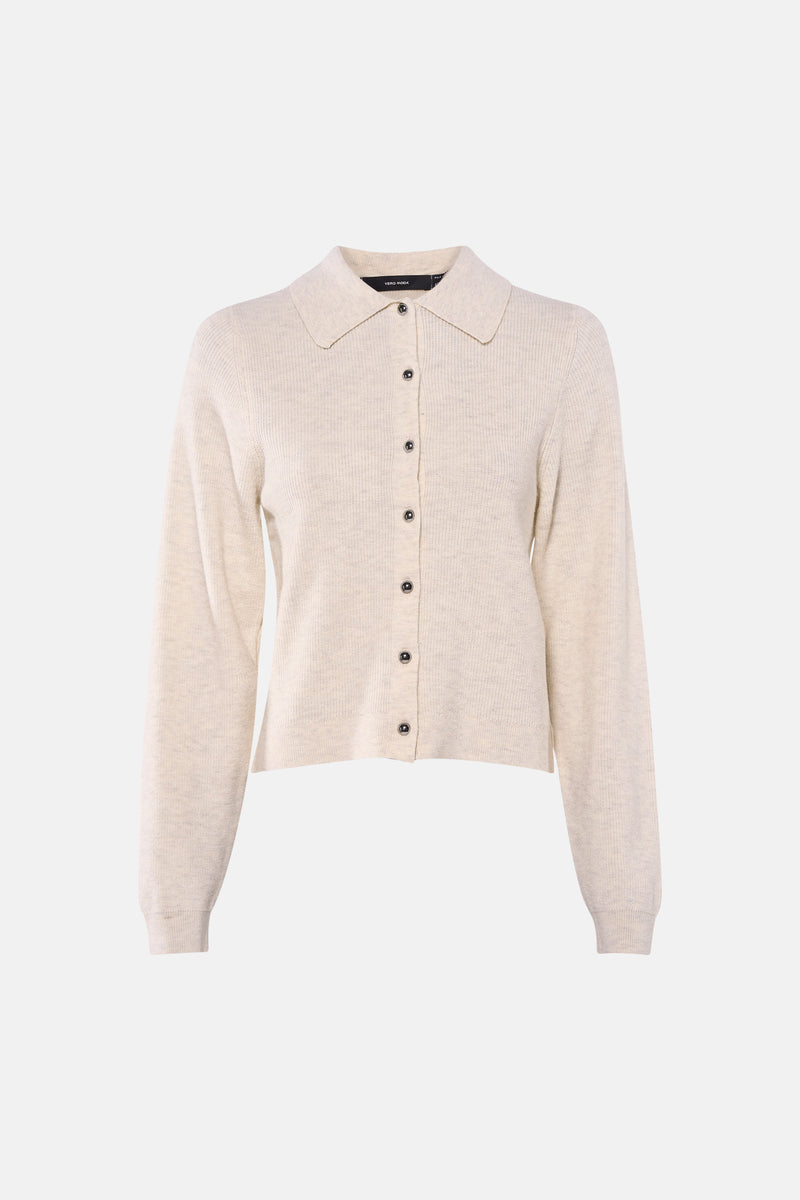 Beige vest van VERO MODA, in ribgebreid met kraag en lange mouwen, achterzicht.