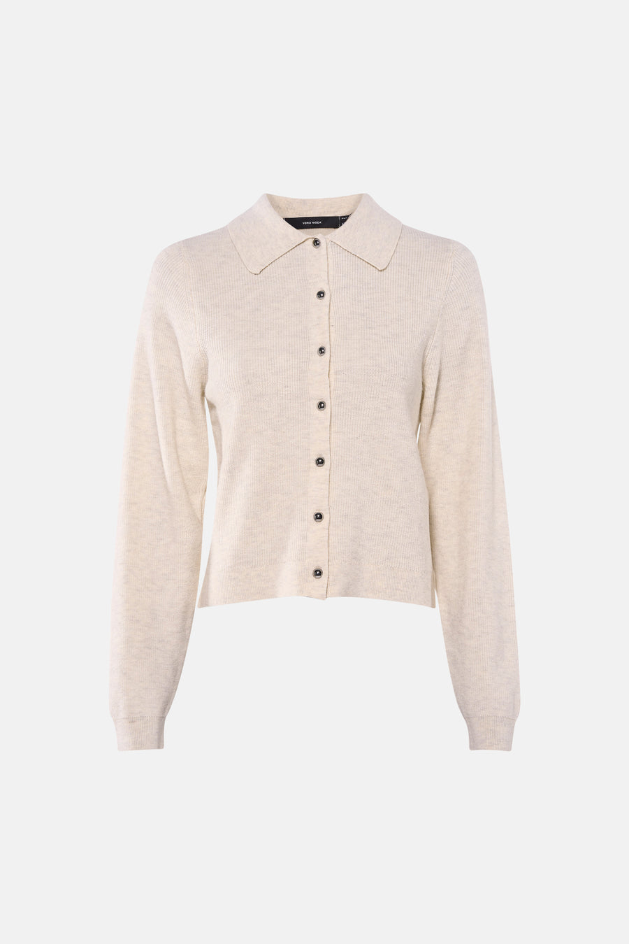 Beige vest van VERO MODA, in ribgebreid met kraag en lange mouwen, achterzicht.