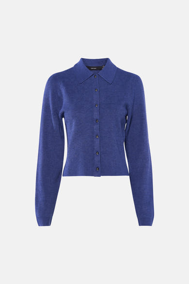 Cardigan bleu en maille côtelée de VERO MODA, avec un col chemise et une fermeture boutonnée.