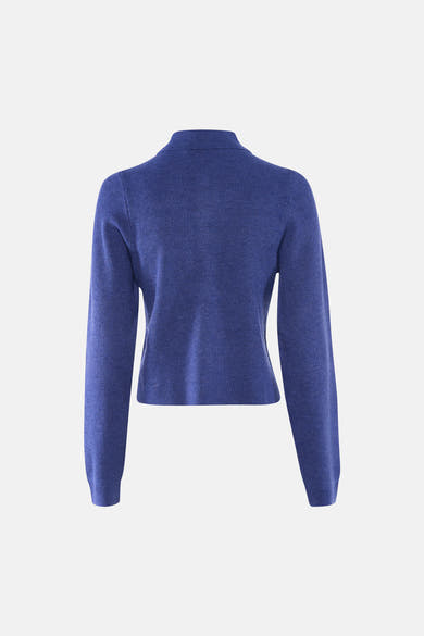 Cardigan bleu en maille côtelée de VERO MODA®, vue de dos avec col montant.