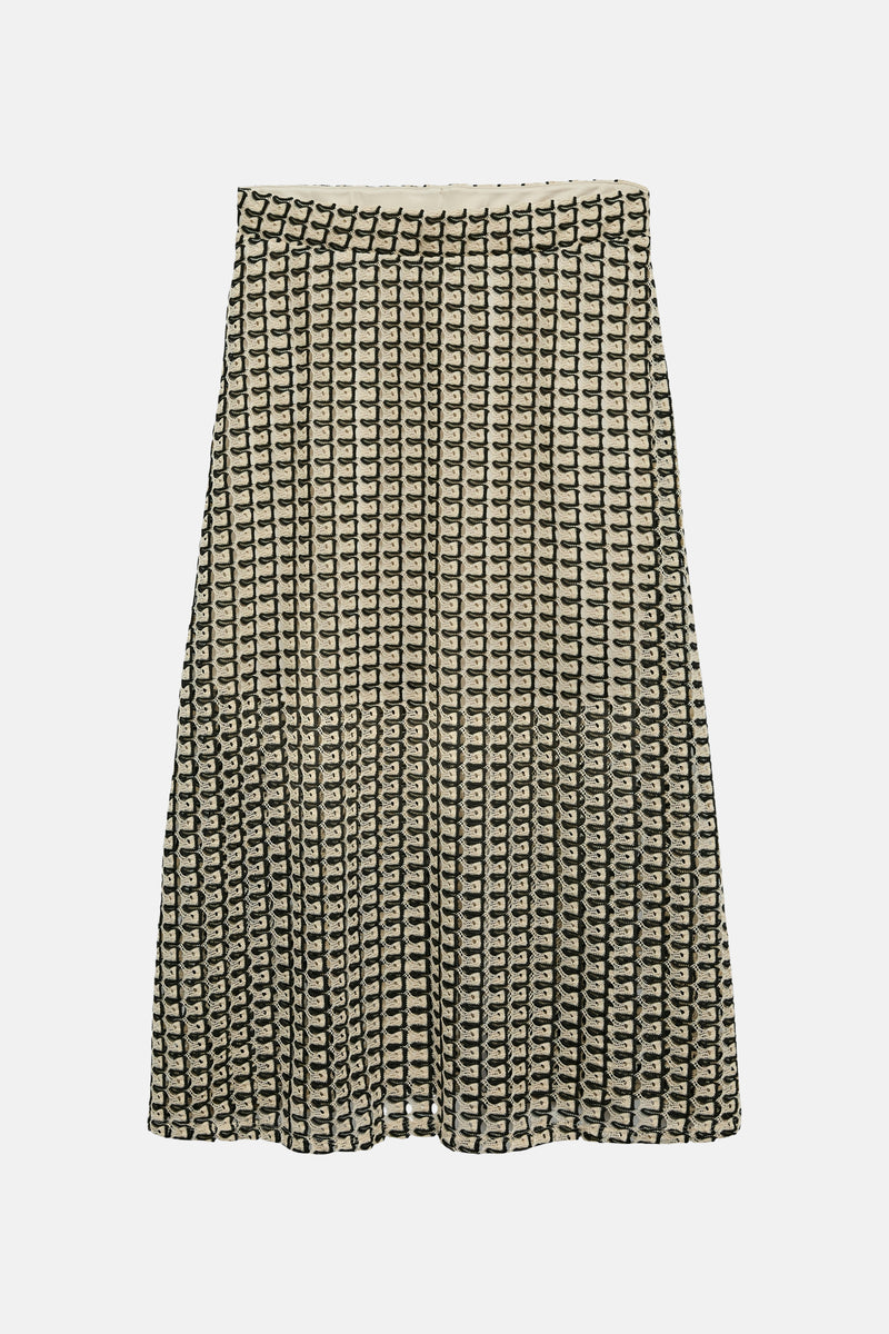3/4 meerkleurige rok van VERO MODA® in beige en zwart ajourgebreid met geometrisch patroon.