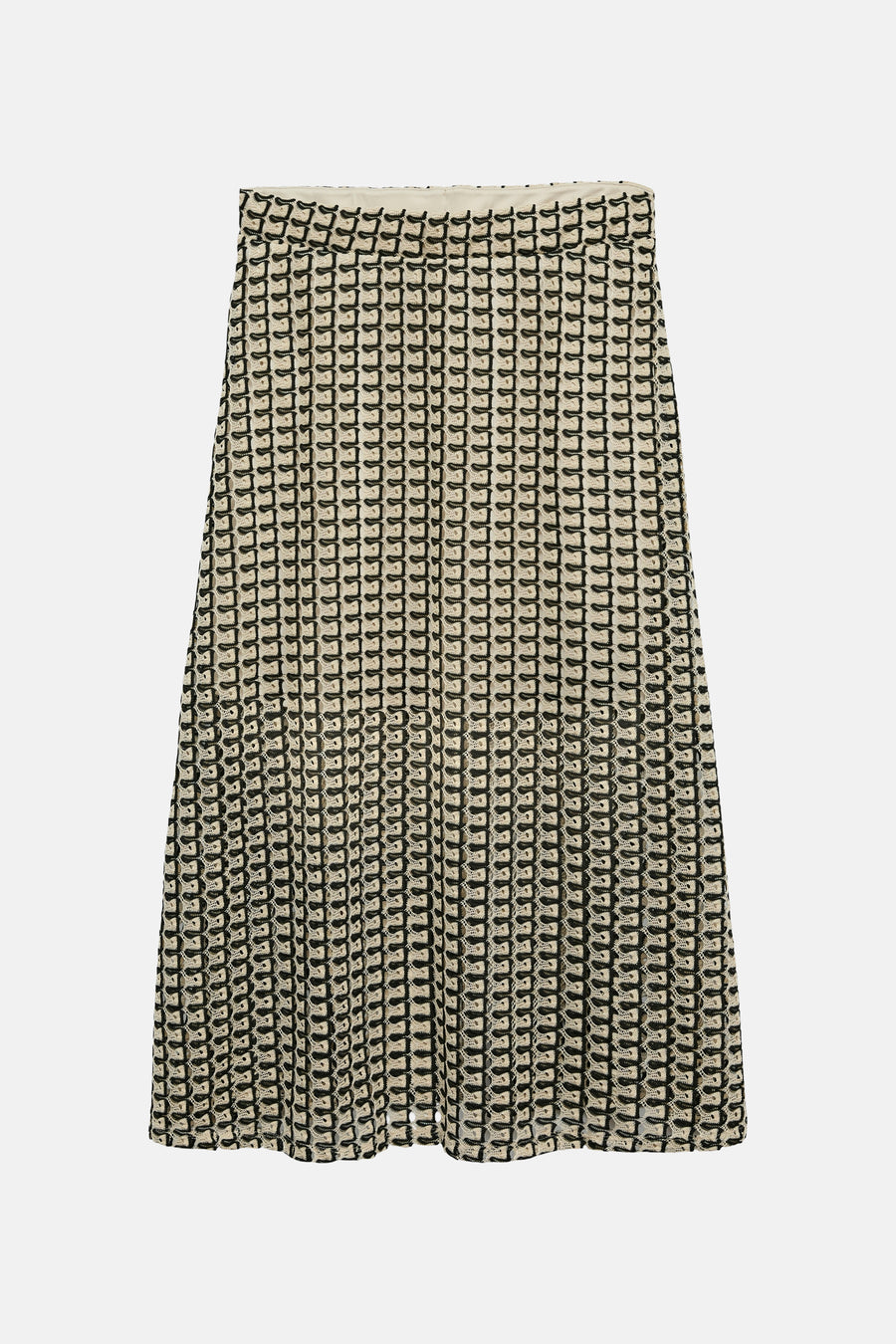 Jupe 3/4 écru et noir de VERO MODA en maille crochetée à motif géométrique.