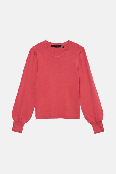 Pull à col rond rose de Vero Moda, manches longues bouffantes et trois boutons décoratifs aux poignets.
