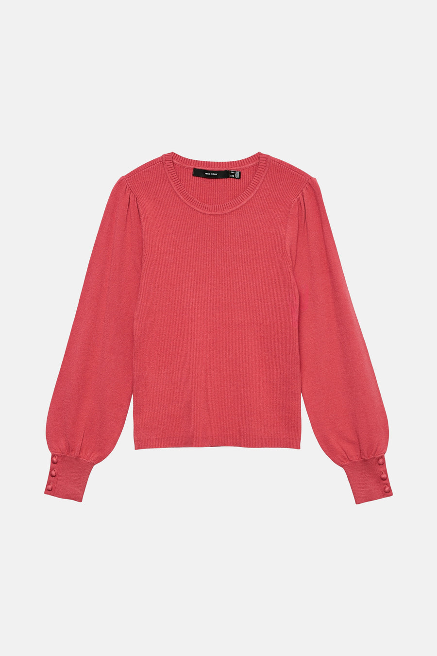 Pull à col rond rose de Vero Moda, manches longues bouffantes et trois boutons décoratifs aux poignets.