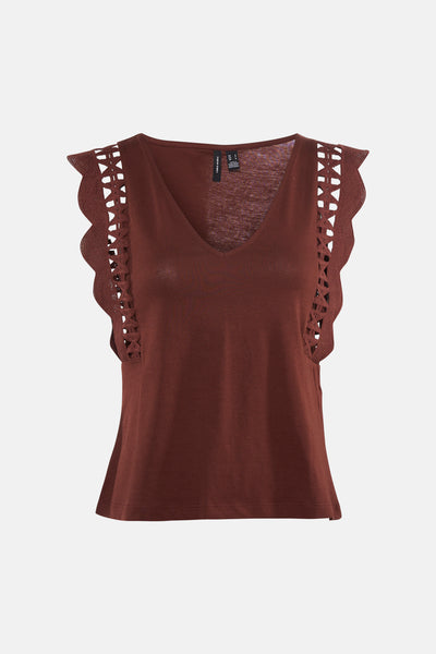 Brown sleeveless top with lace-up ruffle shoulders by Vero Moda, featuring a V-neck and ribbed texture, front view