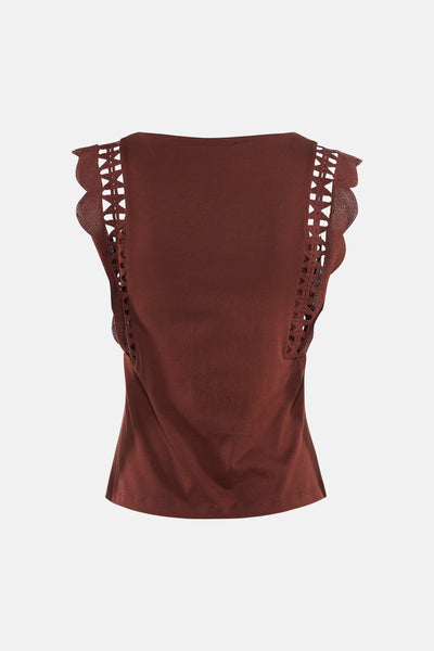 Brown sleeveless top with lace-up side panels and scalloped edges, back view