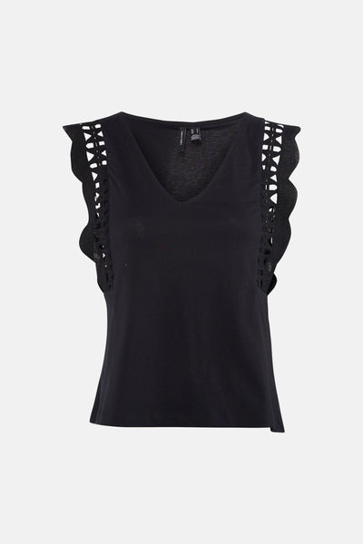 Black sleeveless top with V-neck and lace ruffle shoulder details by Vero Moda, front view
