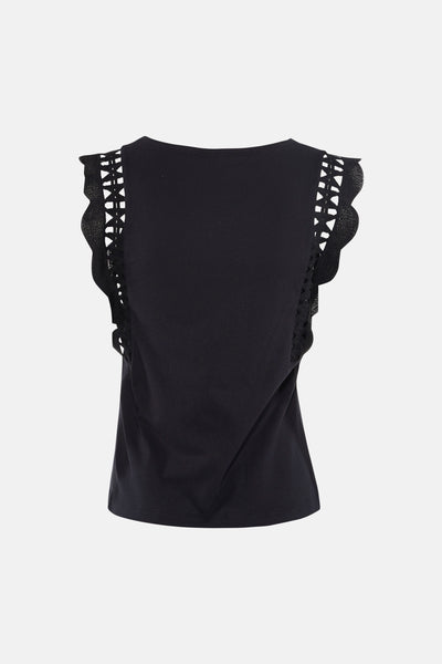 Black sleeveless top with lace-up side panels and ruffled trim, back view
