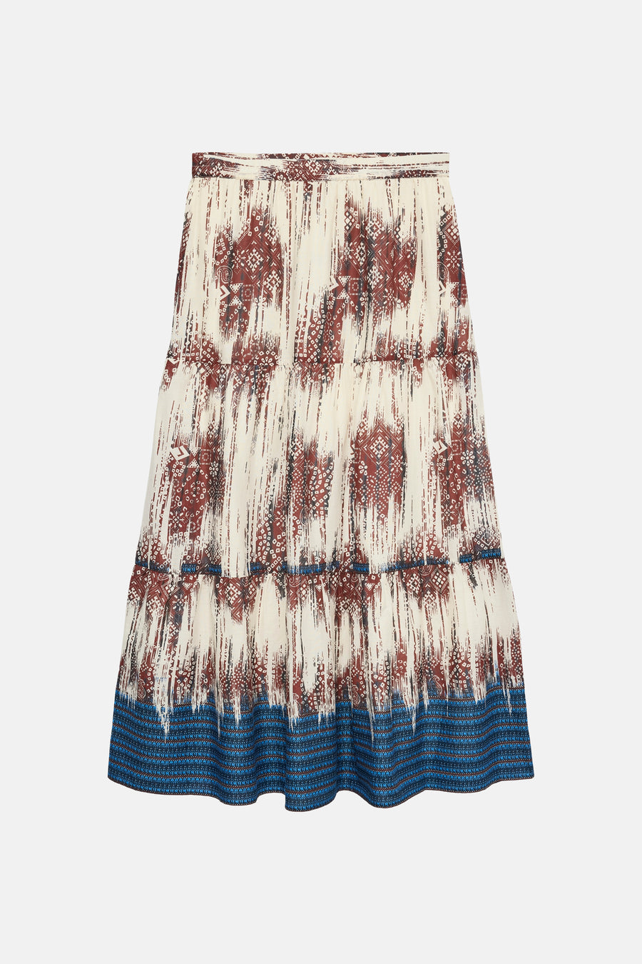 Jupe longue multicolore de VERO MODA® à motif abstrait crème et marron, avec une large bordure bleue imprimée au bas.