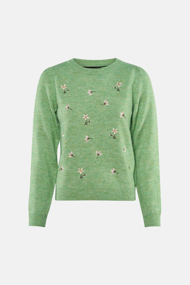 Groene trui met ronde hals van Vero Moda, lange pofmouwen en fijne gebreide textuur.