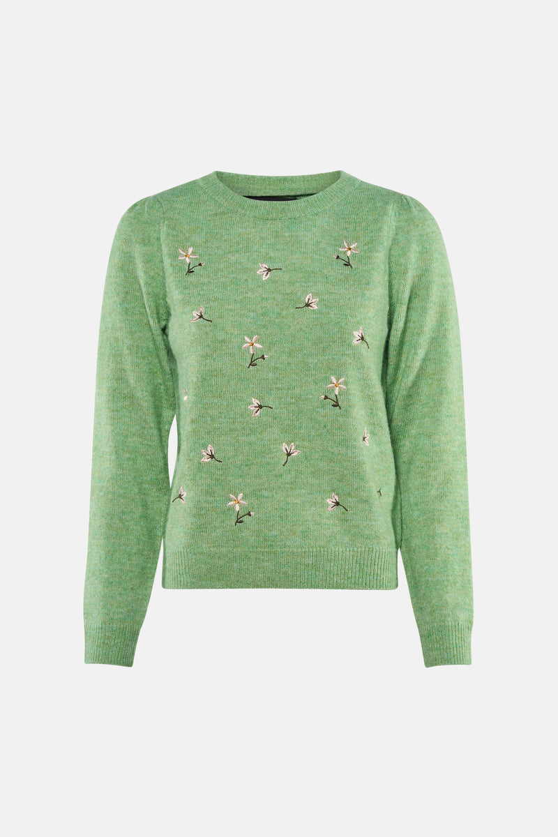 Groene trui met ronde hals van Vero Moda, lange pofmouwen en fijne gebreide textuur.