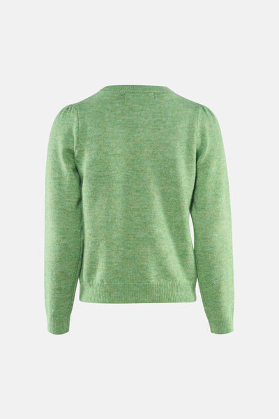Pull à col rond vert de Vero Moda, manches longues bouffantes et texture tricotée fine.