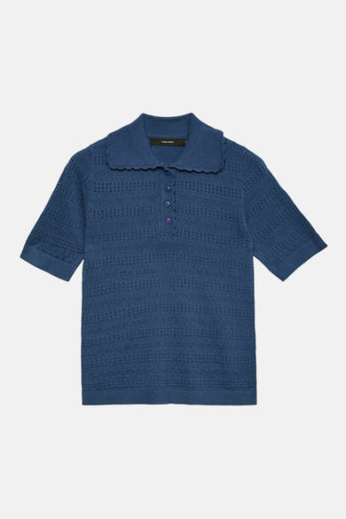 Blauw T-shirt van VERO MODA in mesh, met korte mouwen, geschulpte halslijn en knoopsluiting.