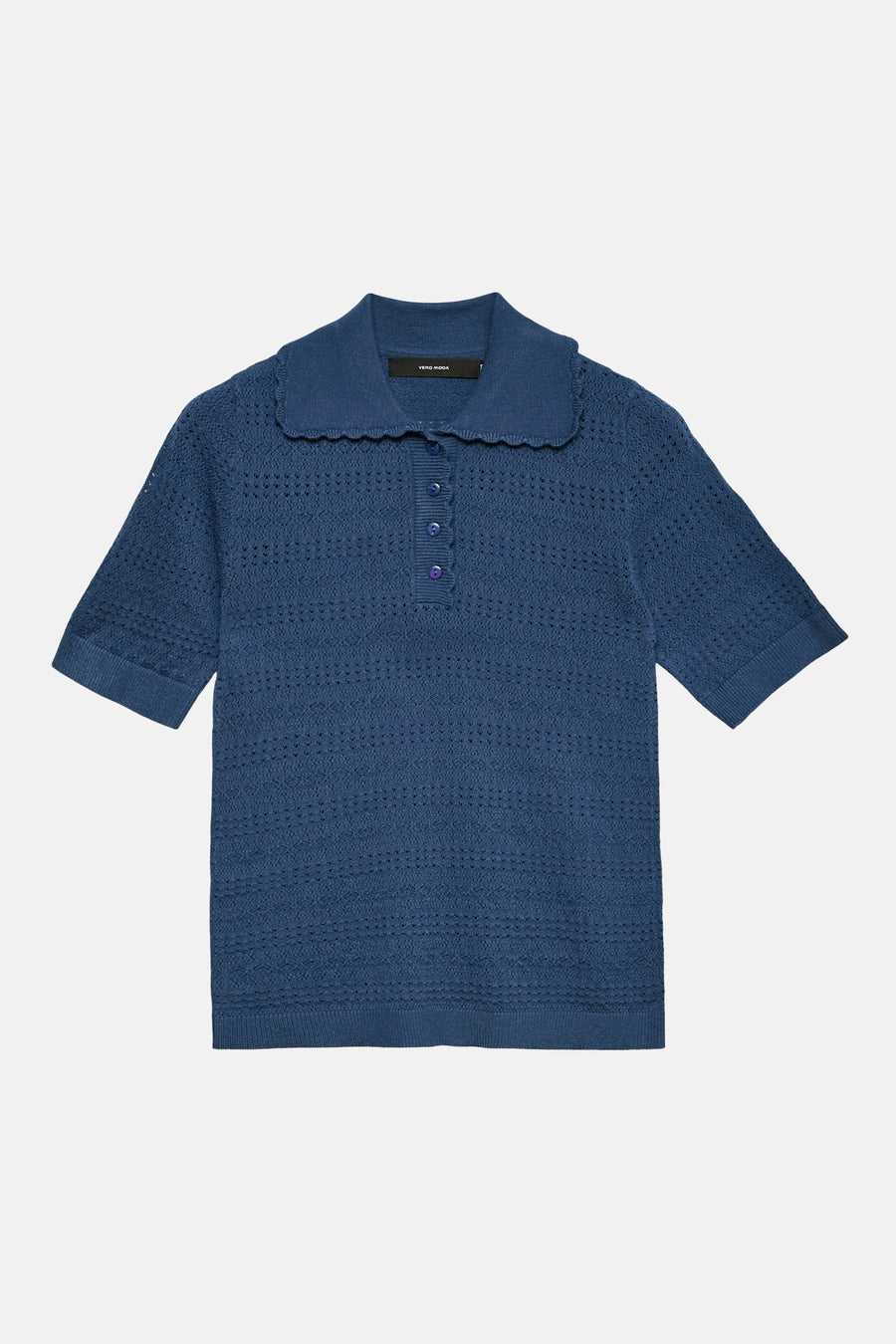 Blauw T-shirt van VERO MODA in mesh, met korte mouwen, geschulpte halslijn en knoopsluiting.