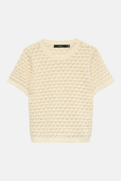 Beige T-shirt met korte mouwen van VERO MODA, in een opengebreide stof met geometrische patronen.