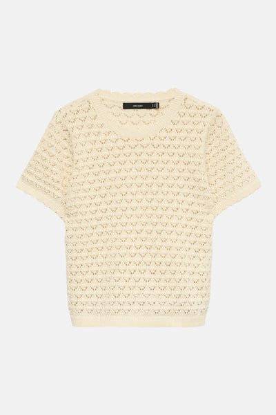 Beige T-shirt met korte mouwen van VERO MODA, in een opengebreide stof met geometrische patronen.