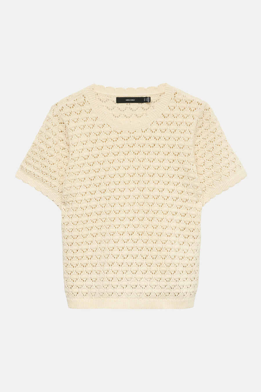 Beige T-shirt met korte mouwen van VERO MODA, in een opengebreide stof met geometrische patronen.