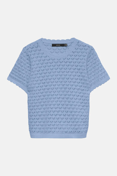 T-shirt bleu à manches courtes de VERO MODA, avec motif ajouré et finitions festonnées.