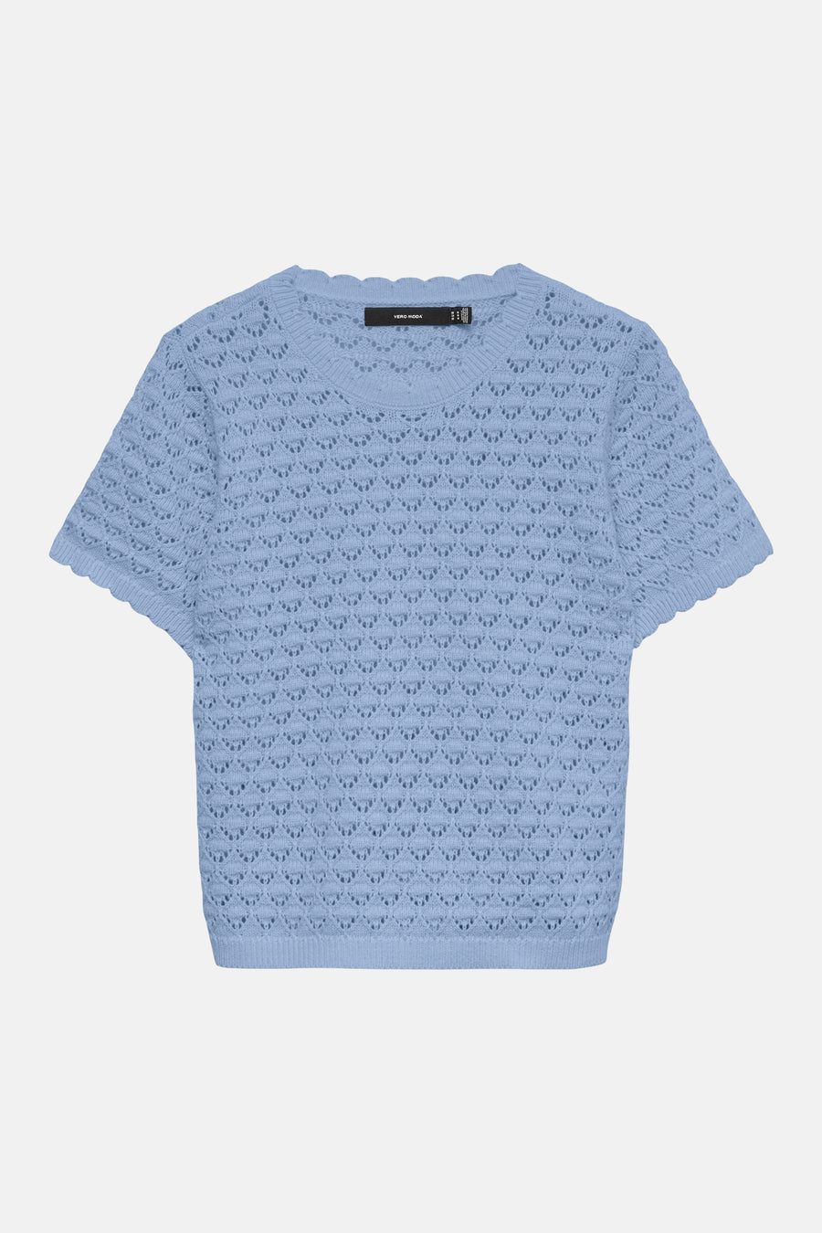 T-shirt bleu à manches courtes de VERO MODA, avec motif ajouré et finitions festonnées.