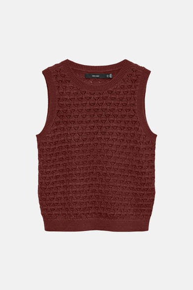 Débardeur brique en maille par VERO MODA, avec motif ajouré décoratif et texture tricotée.