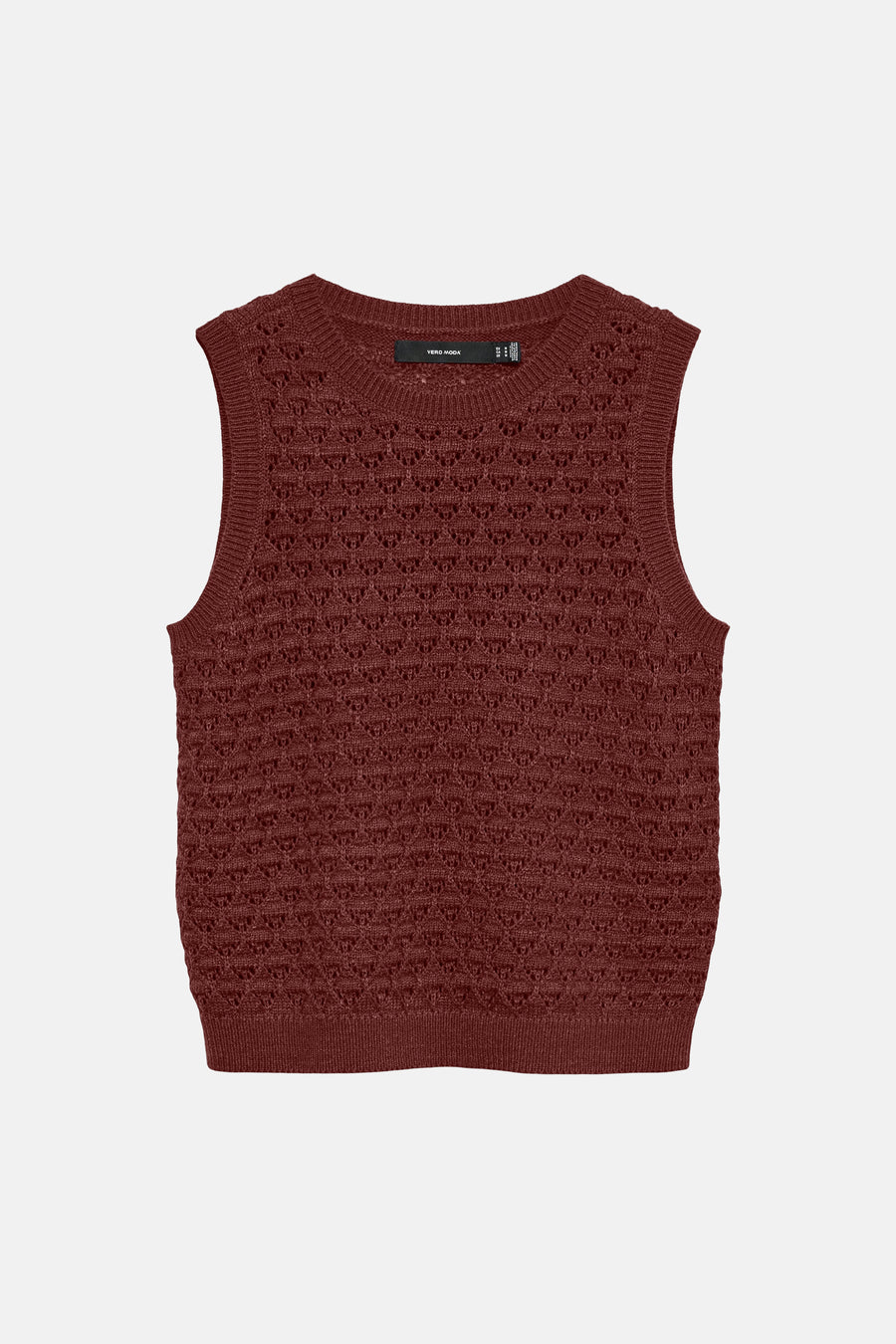 Débardeur brique en maille par VERO MODA, avec motif ajouré décoratif et texture tricotée.