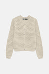 Beige gebreid vest van VERO MODA, met glanzende decoratieve knopen en een opengewerkt patroon.