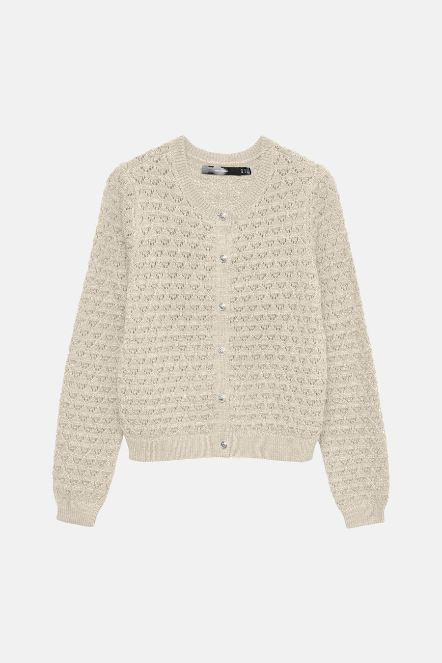 Beige gebreid vest van VERO MODA, met glanzende decoratieve knopen en een opengewerkt patroon.
