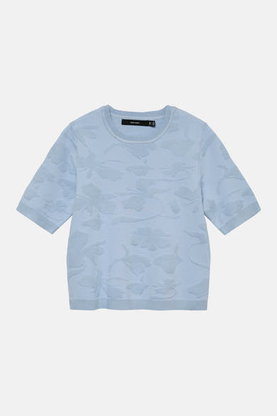 Pull col rond bleu de VERO MODA, orné d'un motif floral en relief sur toute la surface.