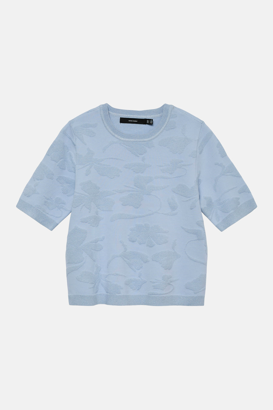 Pull col rond bleu de VERO MODA, orné d'un motif floral en relief sur toute la surface.
