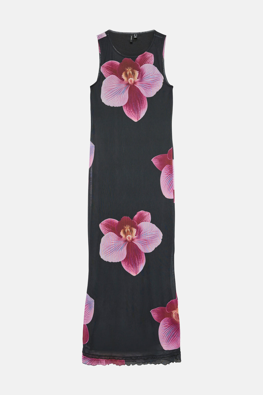 Robe noire à manches courtes de Vero Moda, ornée d'un motif floral orchidée rose et violet.