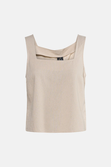 Top sans manches beige de VERO MODA®, avec une texture de lin et une coupe carrée.